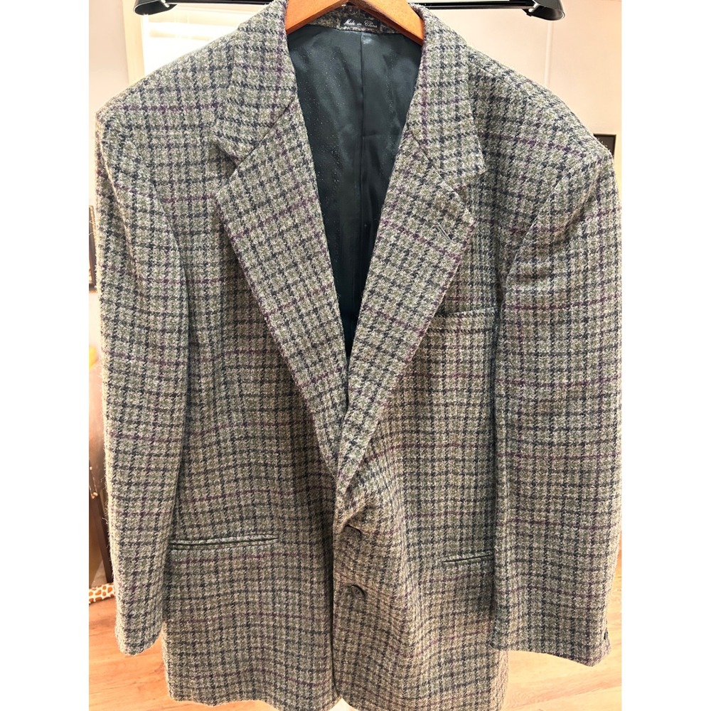 Context Mens Grey Plaid Two Button‎ Blazer Jacket 44R Sport Coat Vintage Style